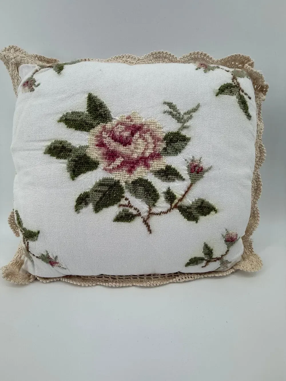 Vintage Needlepoint Rose Throw Pillow Crochet Lace Cottagecore Shabby Chic 15x15
